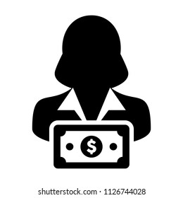 Cash icon vector female user person profile avatar with dollar sign currency money symbol for banking and finance business in flat color glyph pictogram illustration