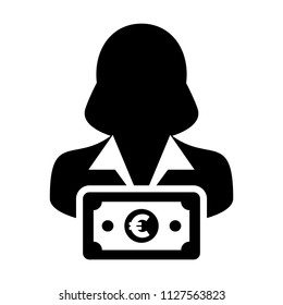 Cash icon vector female user person profile avatar with Euro sign currency money symbol for banking and finance business in flat color glyph pictogram illustration