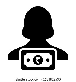 Cash icon vector female user person profile avatar with Rupee sign currency money symbol for banking and finance business in flat color glyph pictogram illustration
