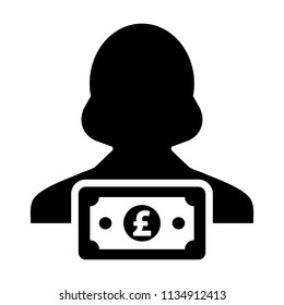 Cash icon vector female user person profile avatar with Pound sign currency money symbol for banking and finance business in flat color glyph pictogram 
illustration