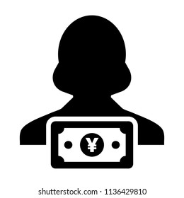 Cash icon vector female user person profile avatar with Yen sign currency money symbol for banking and finance business in flat color glyph pictogram illustration