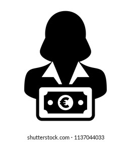 Cash icon vector female user person profile avatar with Euro sign currency money symbol for banking and finance business in flat color glyph pictogram illustration