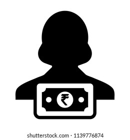 Cash icon vector female user person profile avatar with Rupee sign currency money symbol for banking and finance business in flat color glyph pictogram illustration