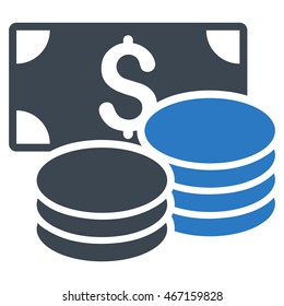 Cash icon. Vector style is bicolor flat iconic symbol with rounded angles, smooth blue colors, white background.