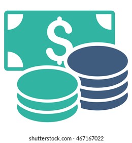 Cash icon. Vector style is bicolor flat iconic symbol with rounded angles, cobalt and cyan colors, white background.