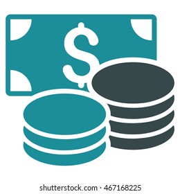 Cash icon. Vector style is bicolor flat iconic symbol with rounded angles, soft blue colors, white background.