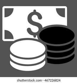 Cash icon. Vector style is bicolor flat iconic symbol with rounded angles, black and white colors, gray background.