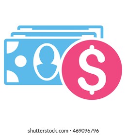 Cash icon. Vector style is bicolor flat iconic symbol with rounded angles, pink and blue colors, white background.