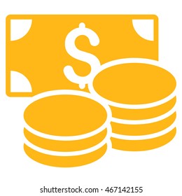 Cash icon. Vector style is flat iconic symbol with rounded angles, yellow color, white background.