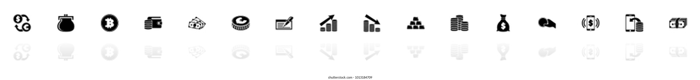 Cash icons - Black horizontal Illustration symbol on White Background with a mirror Shadow reflection. Flat Vector Icon.