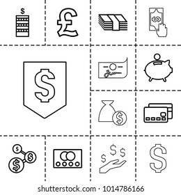 Cash icons. set of 13 editable outline cash icons such as credit card, coin, money, dollar sign, pound, piggy bank, dollar down, money on hand, cash payment, check