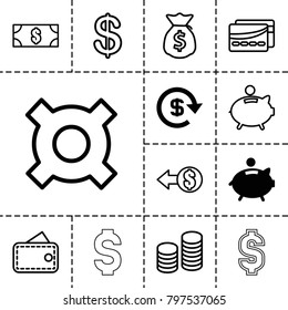 Cash icons. set of 13 editable outline cash icons such as piggy bank, dollar, coin, money, wallet, coin, illustrgeneric currencyation, card