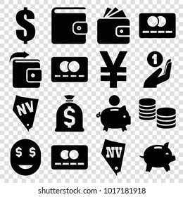 Cash icons. set of 16 editable filled cash icons such as wallet, vegas, money, dollar, piggy bank, yuan, credit card, money sack, wallet, money box, dollar smiley