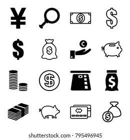Cash icons. set of 16 editable filled and outline cash icons such as dollar, money sack, hand on coin, dollar search, yuan, coin, credit card in atm, money, pig