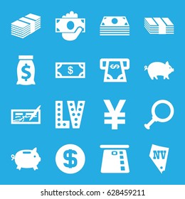 Cash icons set. set of 16 cash filled icons such as pig, Money, ATM money withdraw, Vegas, dollar coin, check, dollar search, yuan