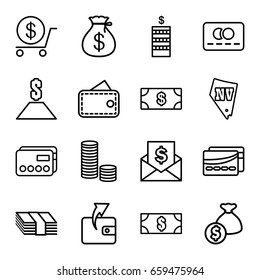 Cash icons set. set of 16 cash outline icons such as money, coin, money sack, credit card, dollar, wallet, vegas, card, wallet, envelope with dollar bill