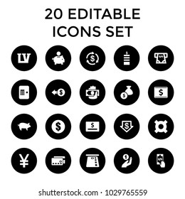 Cash icons. set of 20 editable filled cash icons such as money, coin, dollar down, atm money withdraw, coin, credit card. best quality cash elements in trendy style.