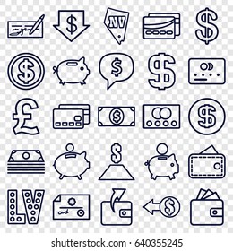 Cash icons set. set of 25 cash outline icons such as credit card, coin, dollar down, wallet, vegas, card, piggy bank, dollar, wallet, money box, coin, money, check