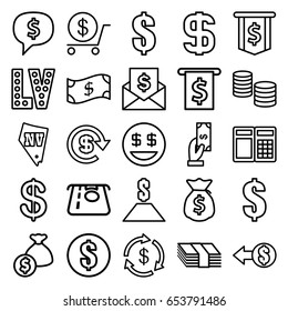 Cash icons set. set of 25 cash outline icons such as coin, money, atm money withdraw, payment, dollar, vegas, dollar smiley, coin, crown