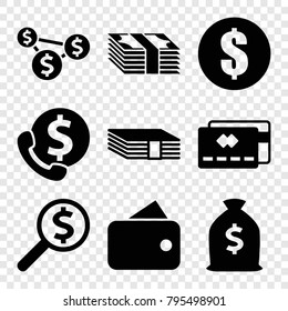 Cash icons. set of 9 editable filled cash icons such as money, wallet, credit card, bank support, money sack, dollar search