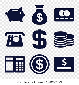Cash icons set. set of 9 cash filled icons such as coin, money sack, credit card, atm money withdraw, dollar, dollar coin, money box, dollar card