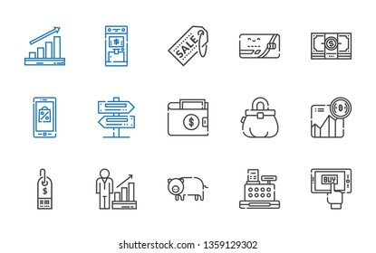 cash icons set. Collection of cash with mobile shopping, cashier, pig, profits, supermarket, bitcoin, purse, wallet, signs, money, credit card. Editable and scalable cash icons.