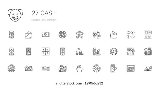 cash icons set. Collection of cash with online payment, coin, piggy bank, money bag, credit card, money, dollar, sign, profits, currency, atm. Editable and scalable cash icons.