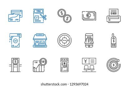 cash icons set. Collection of cash with refund, bank, atm, bitcoin, supermarket, payment method, coin, tickets office, money, bill, coins, tax. Editable and scalable cash icons.