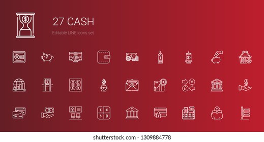 cash icons set. Collection of cash with cash register, credit card, bank, currency, bitcoin, salary, saving, coins, atm, profits, funds, supermarket. Editable and scalable icons.