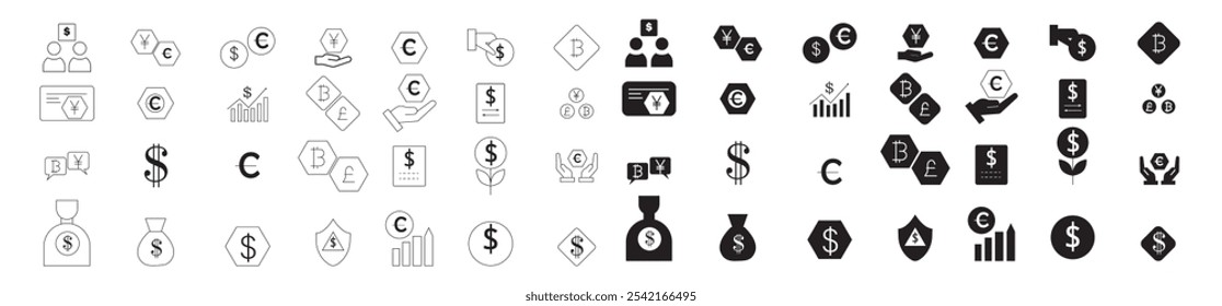 Ícones de caixa definidos. Ícones de dinheiro incluindo cartão de crédito, moeda, saque de dinheiro, dólar para baixo, carteira, caixa eletrônico, Vegas, dólar smiley, pagamento em dinheiro
