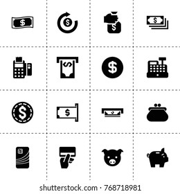 Cash icons. vector collection filled cash icons. includes symbols such as pig, money coin, holding money sack, dollar, credit card payment. use for web, mobile and ui design.