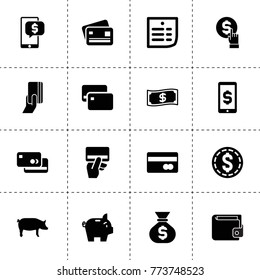 Cash icons. vector collection filled cash icons. includes symbols such as pig, money coin, credit card, credit card payment, wallet. use for web, mobile and ui design.