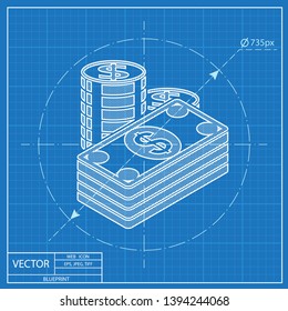 Cash illustration. Paper money with coins vector blueprint icon 