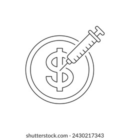 Cash injection. Money with syringe icon line style isolated on white background. Vector illustration