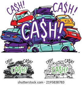 Cash For Junk Cars. Junk Cars On Junkyard. Cartoon Illustration