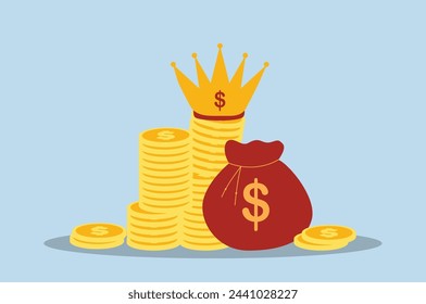 Cash is king, stack of money dollar coins and money bag with precious king golden crown.