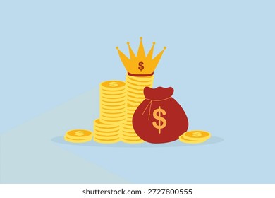 Bargeld ist König, Stapel von Geld-Dollar-Münzen und Geldbeutel mit kostbaren König goldene Krone.
