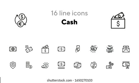 Juego de iconos de línea de efectivo. Acuerdo, pago, cambio de divisas. Concepto de dinero. Se puede utilizar para temas como finanzas, pagos, ahorro