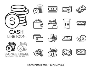 Cash line icons set. Money related vector icons. Contains such icons as cash register, banknote, dollar, ATM, wallet, receipt, credit card, flying money. Editable Stroke, 64x64 pixel perfect.