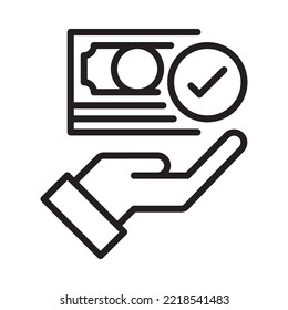 Cash loan service icon. Money with checkmark on hand support. Outline style. Vector. Isolate on white background.