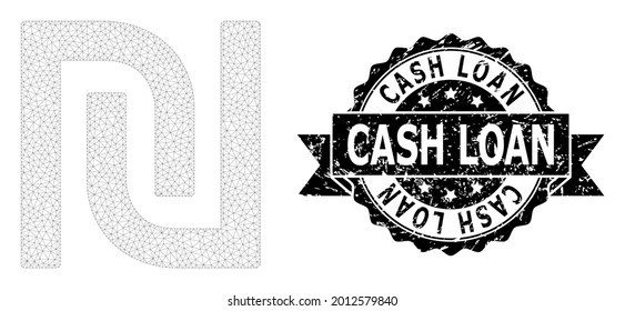 Cash Loan unlean Stempel und Vektorschekel-Maschenmodell. Das Siegel mit schwarzem Stempel enthält Bargeldkredite in Band und Rosette. Abstrakter Flachmaschen-Schekel, aus Flachmaschen.