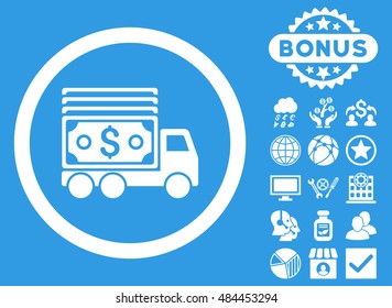 Cash Lorry icon with bonus design elements. Vector illustration style is flat iconic symbols, white color, blue background.