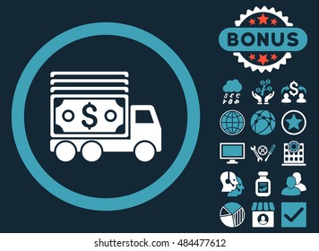 Cash Lorry icon with bonus pictures. Vector illustration style is flat iconic bicolor symbols, blue and white colors, dark blue background.