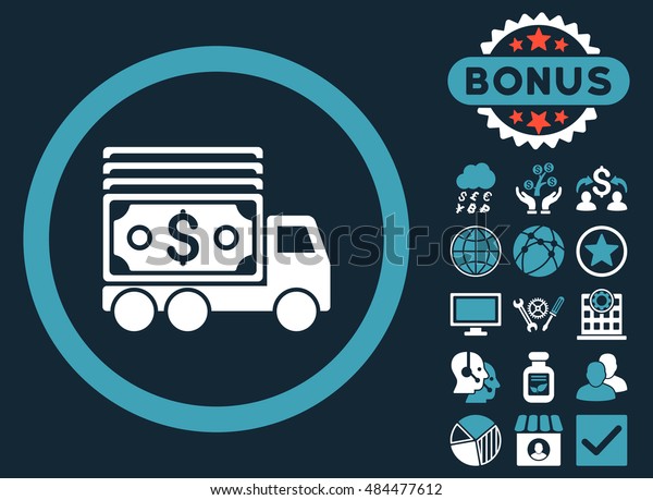 Cash Lorry icon with bonus pictures. Vector\
illustration style is flat iconic bicolor symbols, blue and white\
colors, dark blue\
background.