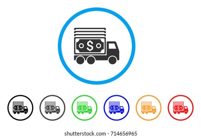 Cash Lorry icon. Vector illustration style is a flat iconic cash lorry grey rounded symbol inside light blue circle with black, gray, green, blue, red, orange color additional versions.