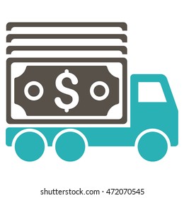 Cash Lorry icon. Vector style is bicolor flat iconic symbol with rounded angles, grey and cyan colors, white background.