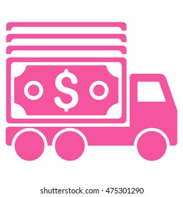 Cash Lorry icon. Vector style is flat iconic symbol with rounded angles, pink color, white background.