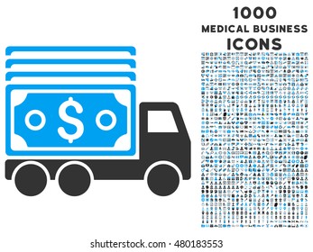 Cash Lorry vector bicolor icon with 1000 medical business icons. Set style is flat pictograms, blue and gray colors, white background.