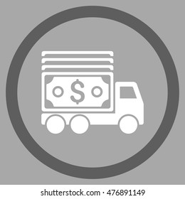 Cash Lorry vector bicolor rounded icon. Image style is a flat icon symbol inside a circle, dark gray and white colors, silver background.