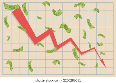 Cash loss graph. Finance inflation schedule, money loss and decrease in income. Trader loss data, budget losses graph or investment bankruptcies isolated vector illustration